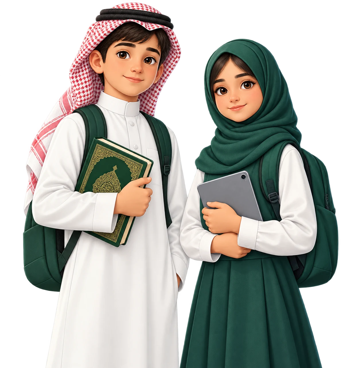 رسم تعليمي لطالب وطالبة يحملان كتابًا وجهازًا لوحيًا